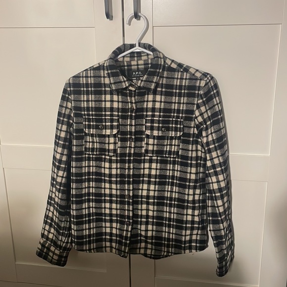 APC wool button up flannel black and white plaid - Picture 3 of 5